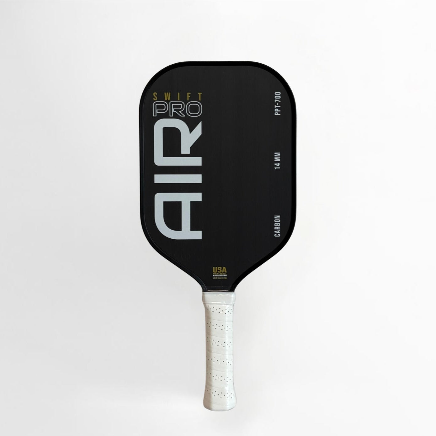 Black pickleball paddle with 'AIR' branding on a white background